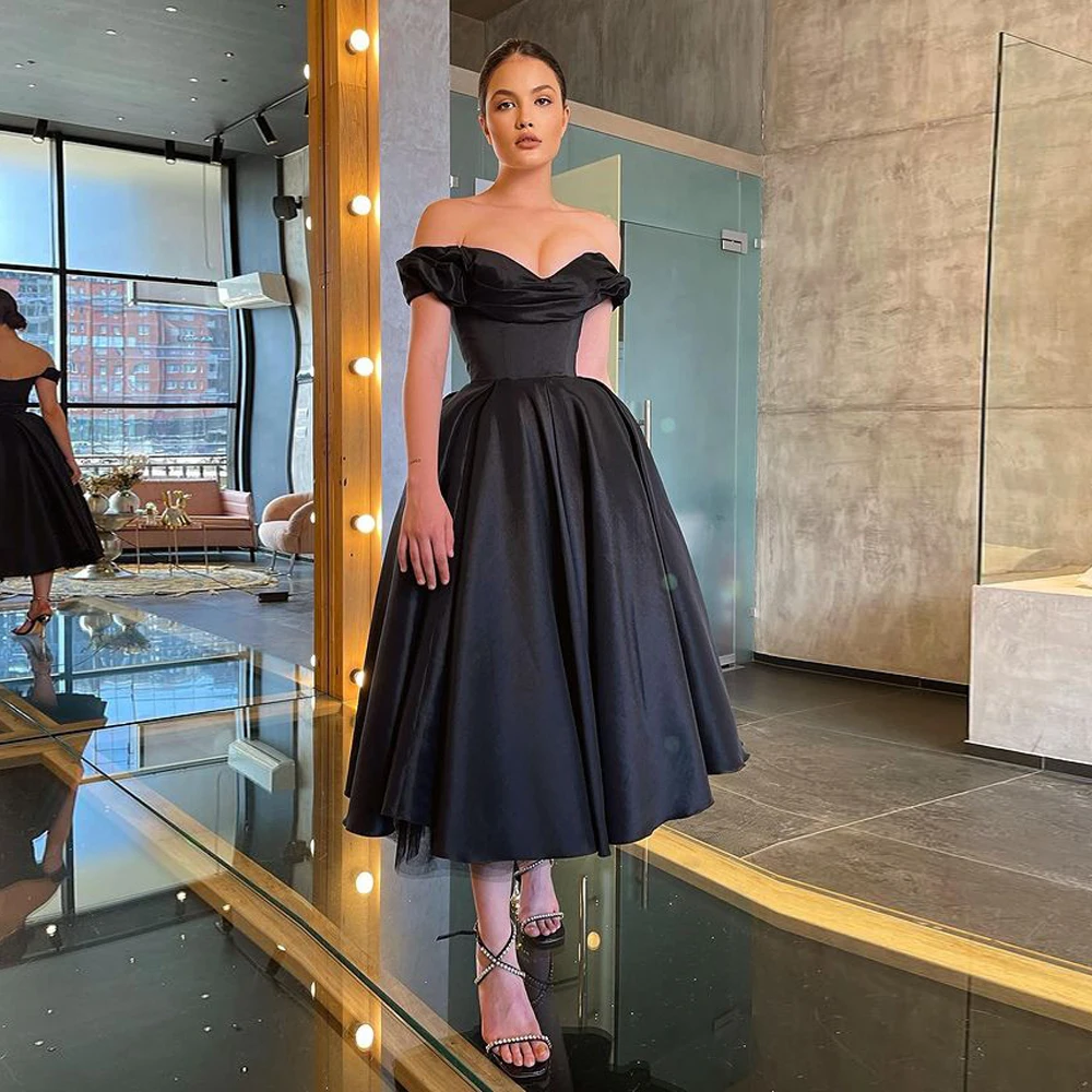 

Black Satin Short Evening Dress Prom Gown Off The Shoulder Pleat V Neck A Line Tea Length Formal Party Dresses Plus Size
