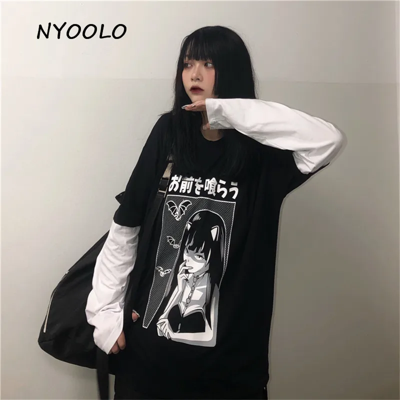 NYOOLO Harajuku стиль Манга Девушка японский с буквенным принтом топы Поддельные из двух частей Лоскутная футболка с длинными рукавами женская мужская одежда Топ