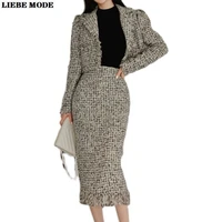 korean formal coat and skirts suit for women tweed crop jacket midi calf length skirt 2 piece set womens suits blazer with skirt