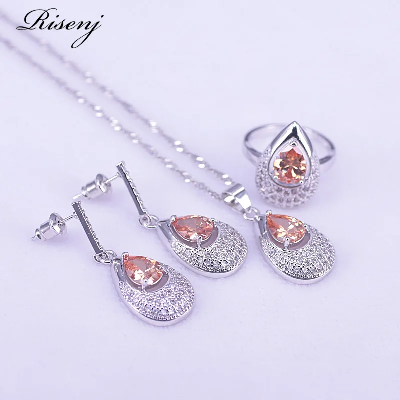 Risenj 925 Sterling Silver Jewelry Pear Champagne Zircon Stud Earrings Ring Necklace Bracelet Set Romantic Bridal
