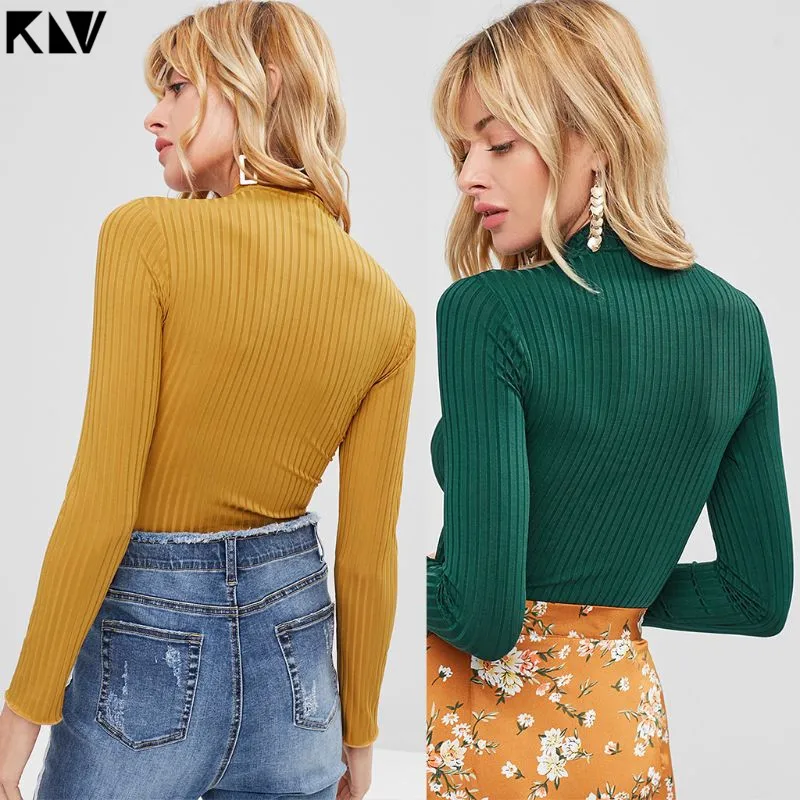 2019 Women Long Sleeve Turtleneck Sweater Ribbed Knit Vertical Stripes Sexy Slim Fitted Top Solid Casual Basic Streetwear | Женская