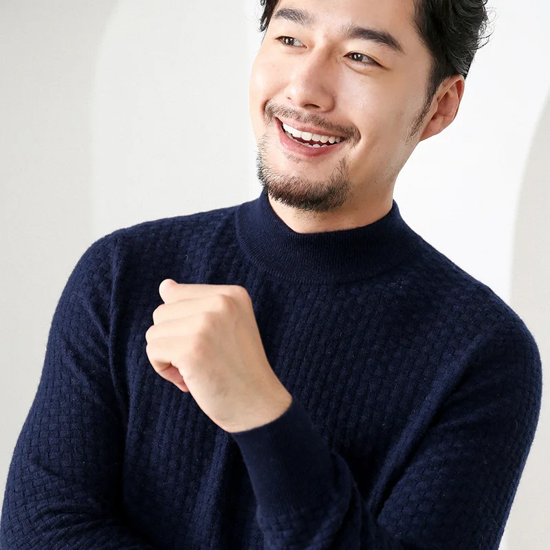 

Men's knitted sweater loose half high neck solid color casual cashmere bottoming shirt plus size 2020 new