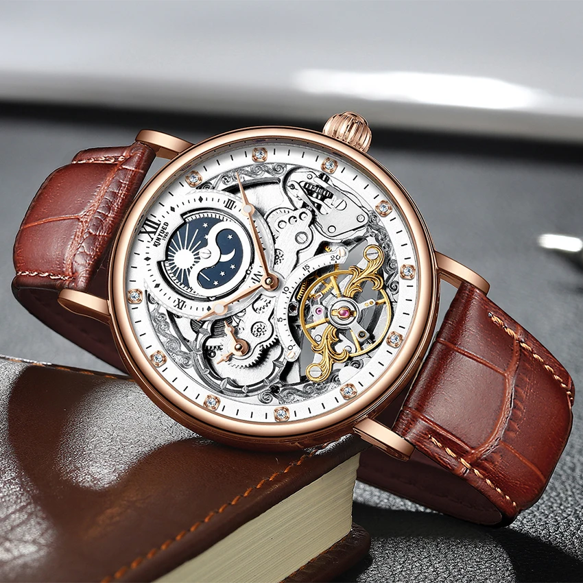 

KINYUED New Brand Automatic Watch with Moon Phase Luxury Steampunk Men Mechanical Watches Fashion Man Hour relogio luxo mecanico