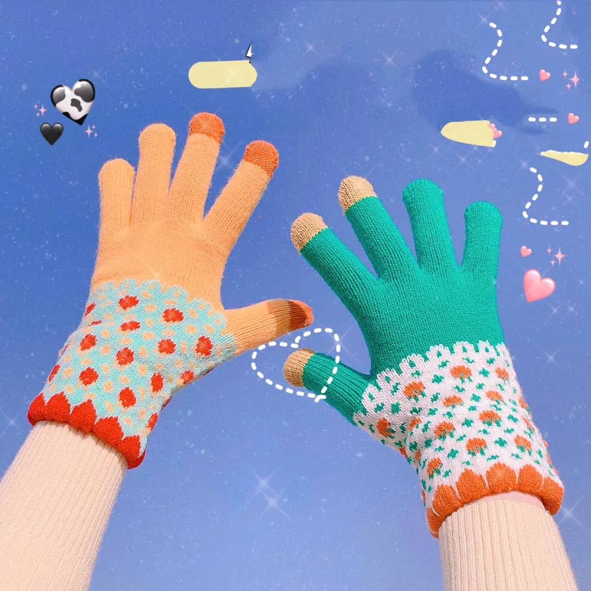 

Vintage Flower Winter Knitted Gloves Touch Screen Female Mitten Thicken Warm Wool Cashmere Lovely GIrls Students Gloves Autumn