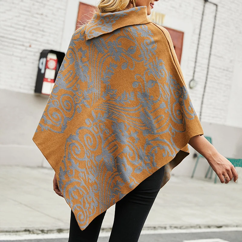 

2021 Fashion Elegant Warm Batwing Sleeve Cloak Tops Women New Autumn Winter Scarf Collar Casual Loose Printed Manteau Lady Coats