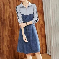 2021 autumn new fashion stitching dress female waist denim skirt trend dresses for women party pockets straight casual