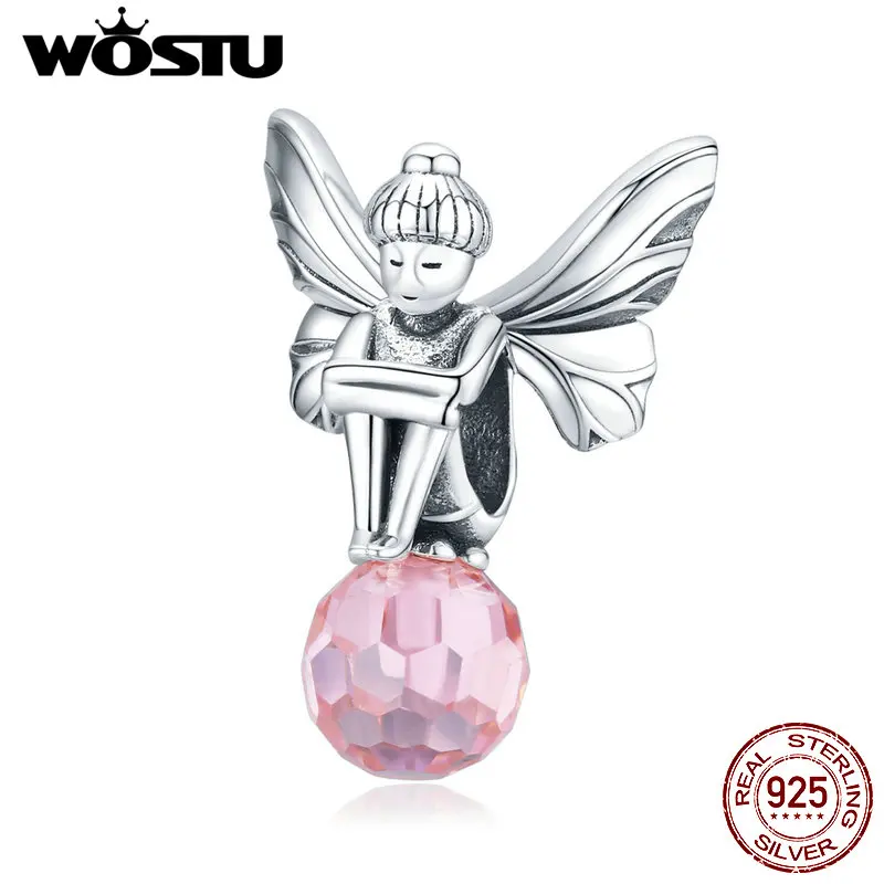 WOSTU Pink Zircon Flower Elf Charms 100% 925 Sterling Silver Fairy Beads Fit Original Bracelet Pendant For Women Jewelry FIC1483 | Украшения