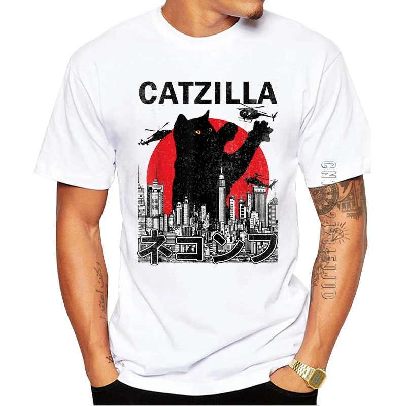 

100% Cotton Fashion Catzilla Men T-Shirt Cat Kitten Lover Printed Graphic Tshirt O Neck Casual Tee Japanese Vintage Sunset Tops