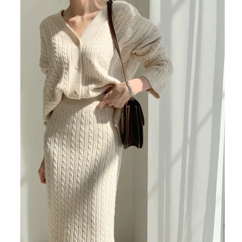 

Korean Chic Temperament V-neck Solid Knitted Cardigan Sweater + High Waist Skirt Two-piece Set 2021 New