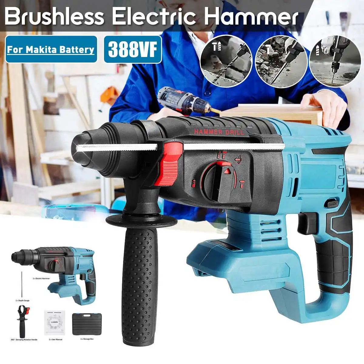 

DOERSUPP 21V Rechargeable Brushless Cordless Rotary Hammer Drill Electric Demolition Hammer Impact Drill for Makita 18V Battery