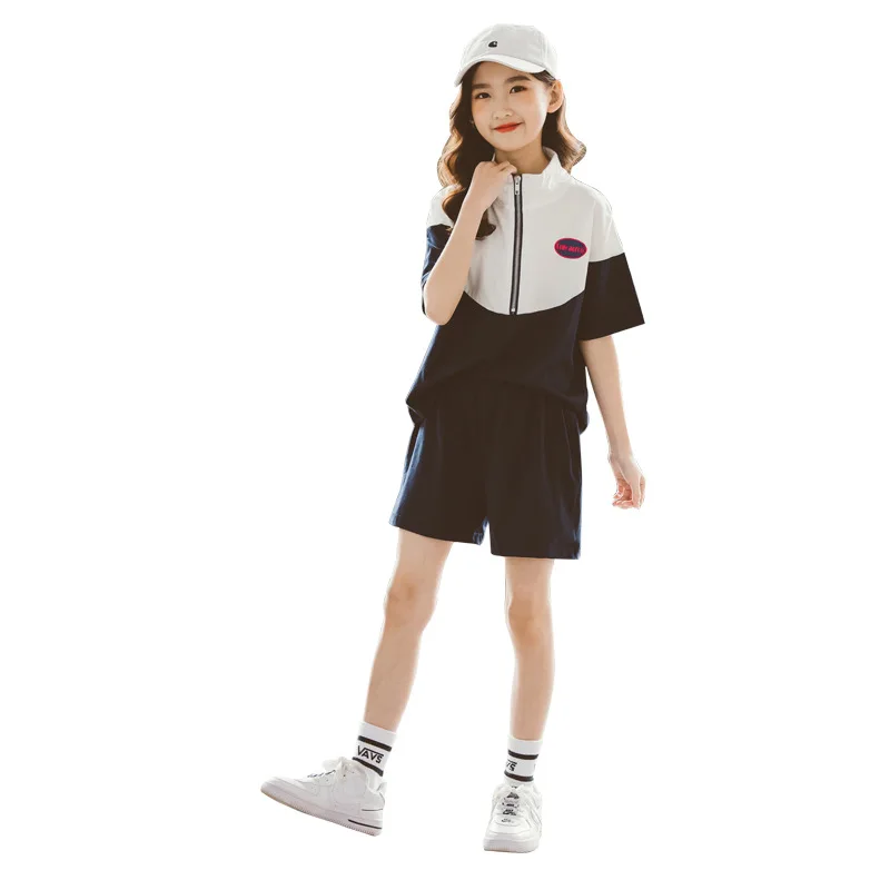 

Girls 2021 summer sports suit wide-leg shorts + zipper stitching casual two-piece suit one piece delivery