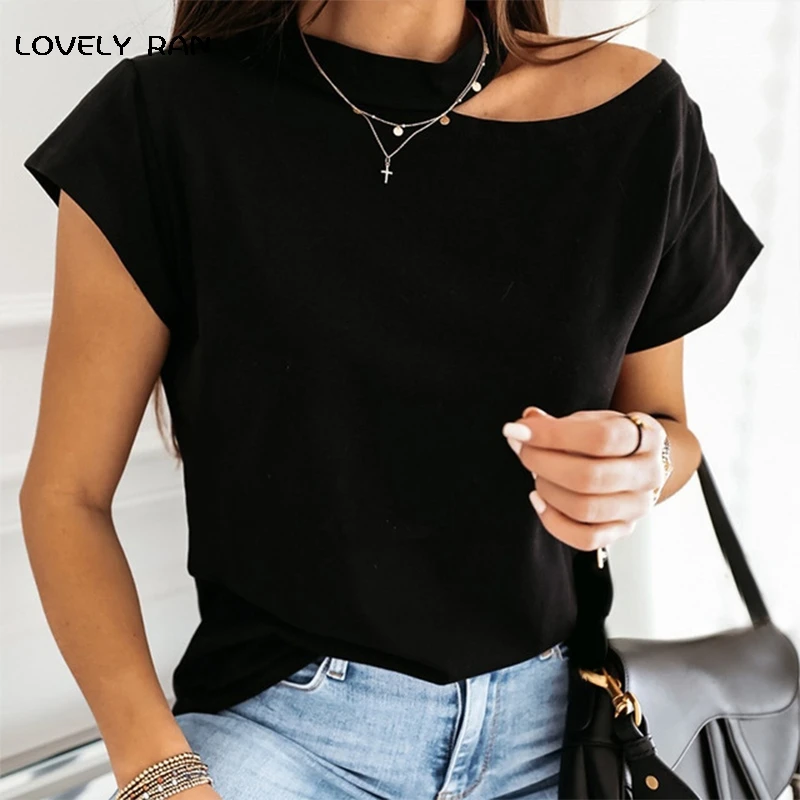 

100% Cotton Women Tshirt Short Sleeve Cold Shoulder Art Print Aesthetic Halter T-Shirt Female Tops Casual Streetwear 2021 Summer