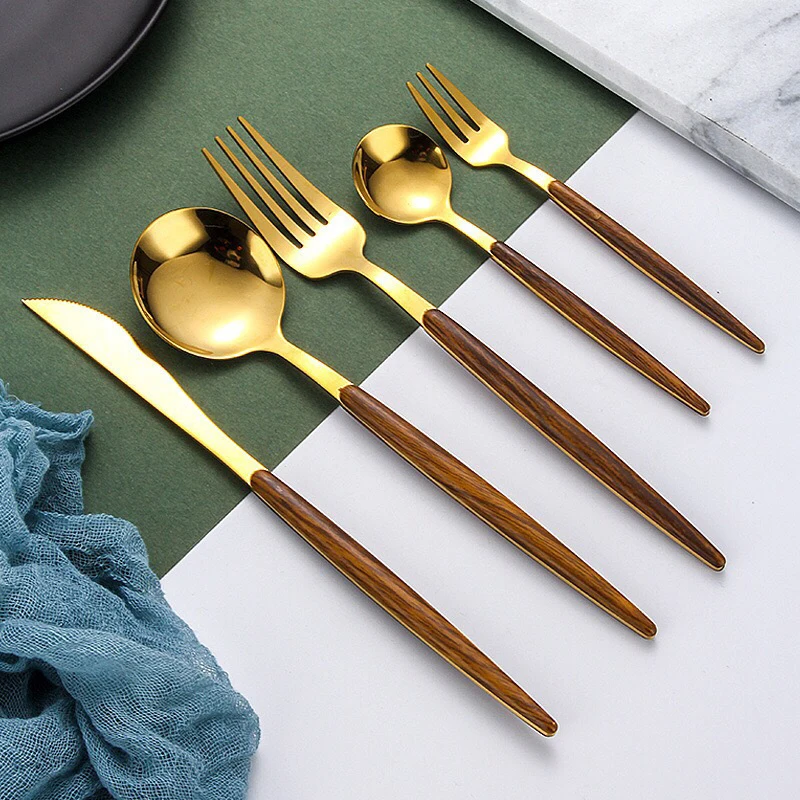 

20/30Pcs Kitchenware Dinnerware Set Stainless Steel Tableware Knife Fork Spoon Set Cutlery Dessert Salad Flatware Wooden Handle