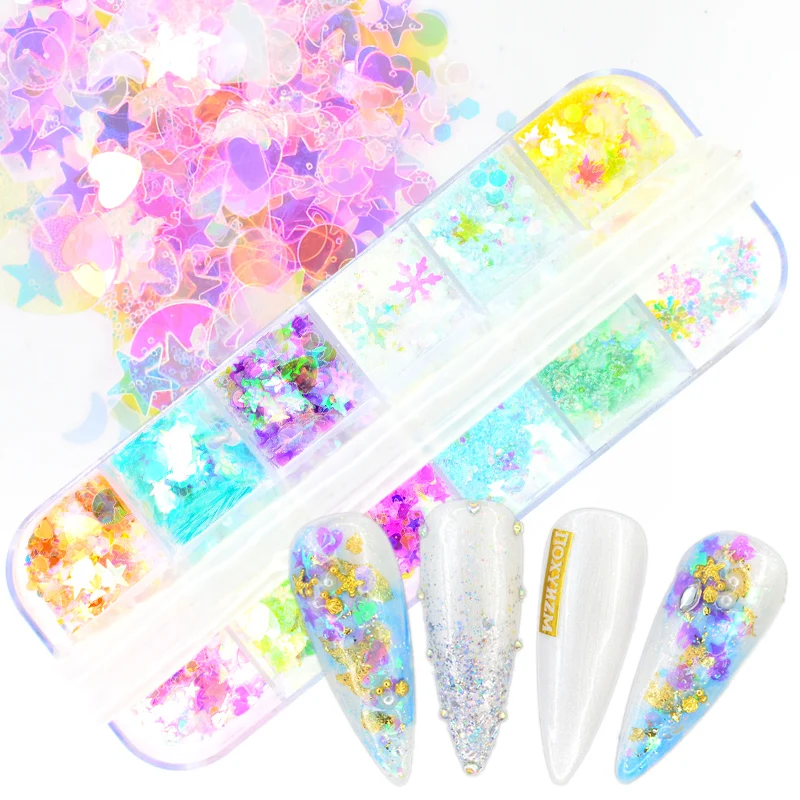 

12 Grids Colorful Acrylic Sequins Flakes Nail Mirror Sparkly Paillette Glitter Hexagon Round Mixed Nail Art Decoration