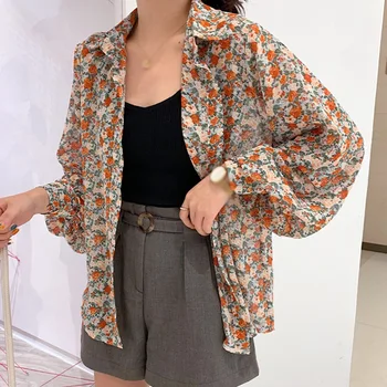 Fashion Retro Lapel Long Sleeve Floral Blouse Sweet Korean Style Loose Vintage Casual Shirt Women Clothes 1