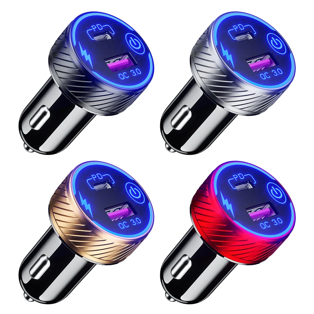 

QC3.0+PD Car Mobile Phone Fast Charger Dual USB Charging Adapter with Touch Switch Smart 12V-24V Automobile Vehicle Power