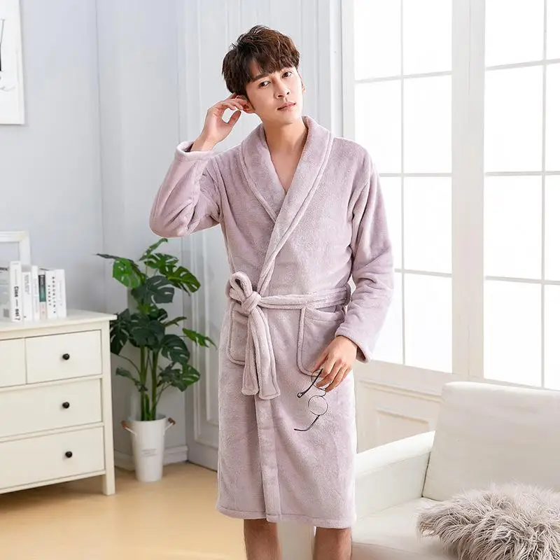 Couple Lounge Kimono Gown Coral Fleece Warm Robe Bathrobe Winter Casual Home Clothing Women Soft Flannel Nightgown Sleepwear - Цвет: Men E
