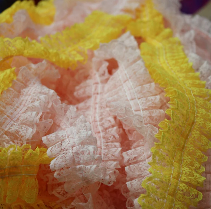 Cinta de encaje con volantes y ribete plisado para vestido de boda, accesorios de tela amarilla y blanca, 30 yardas, 4,5 cm