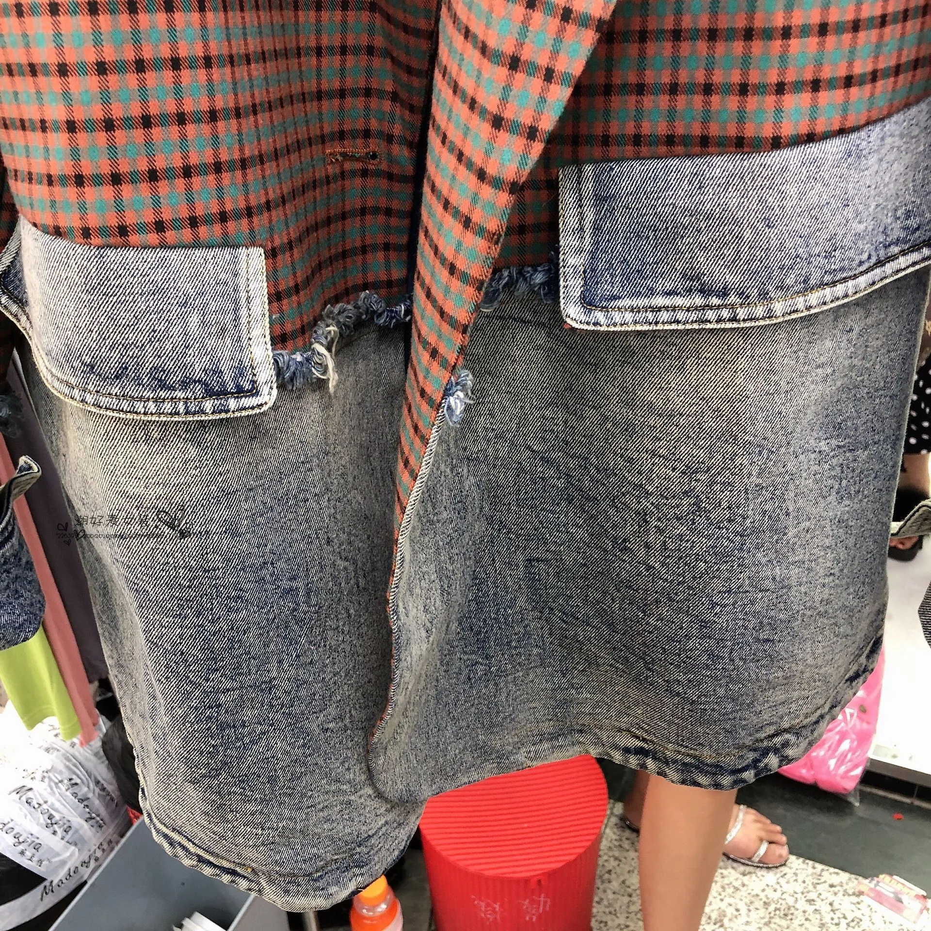 

Women Blazers Jackets Patchwork Suit Jacket Plaid Stitching Raw Edge Casual Long Sleeve Slim Button Denim Suits Female 2021