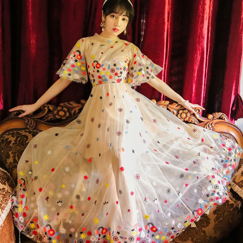 

Lace Vestidos Women's Elegant Wind Floral Dress Retro Hollow Embroidered Mesh Yarn Lotus Leaf Sleeve Summer Dresses Female A863