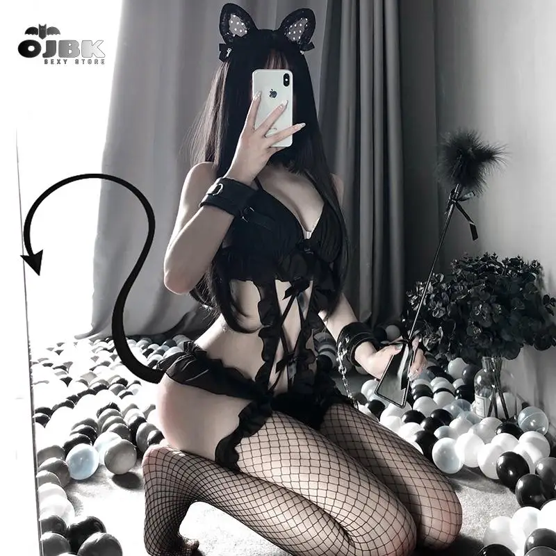 

OJBK Erotic See through Costumes Women Sexy Lingerie White Lace Cat Cosplay Bustier Sleepwear Tops Brocade Thigh-Highs Dropship