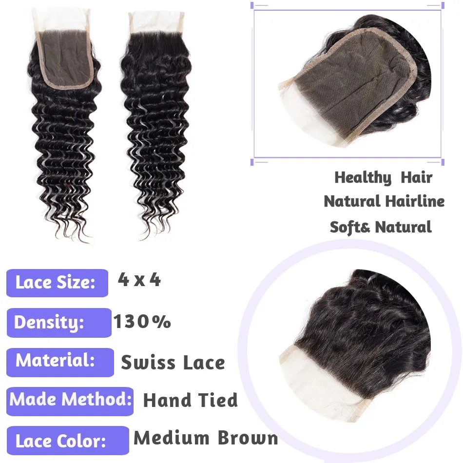 

Brazilian Human Hair Deep Wave 4*4 Lace Closure Free/Middle/Three Part 8-22 Inches Non-Remy Hair For Women Natural Color Deepin