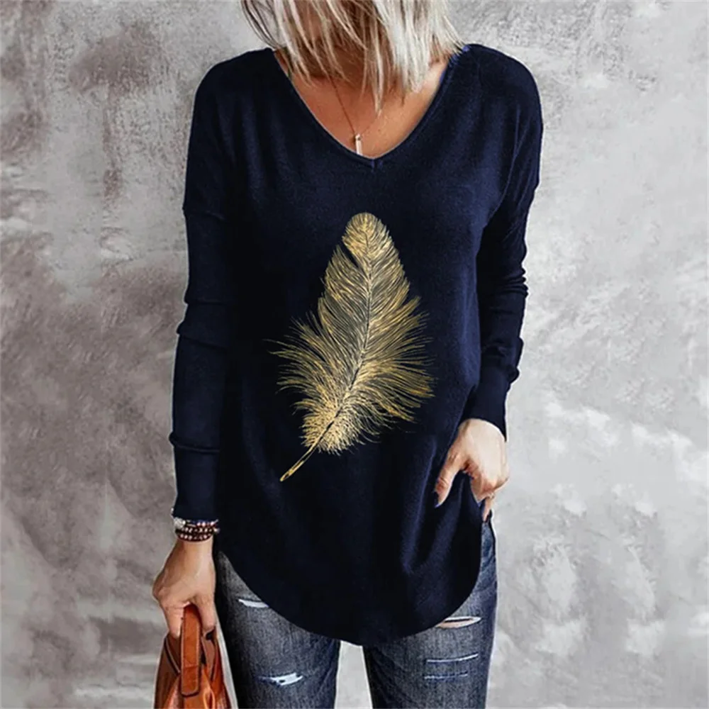 Женская модная Новая повседневная футболка с V-образным вырезом и принтом перьев
