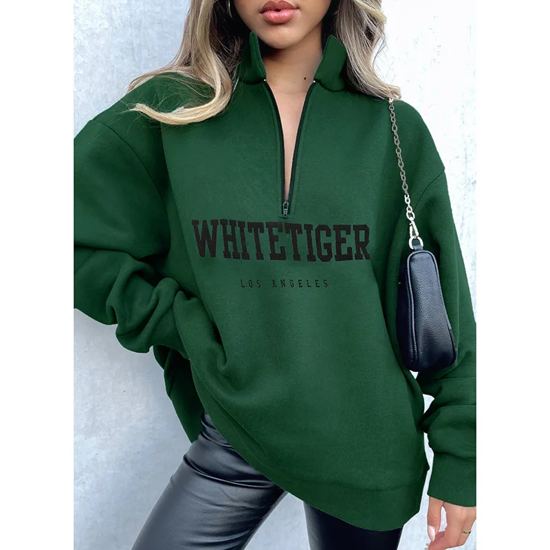 

2021 Autumn and Winter Green Loose Casual English Letter Printed Zipper Sweater Women Street Fashion Khaki Long-sleeved Sweater