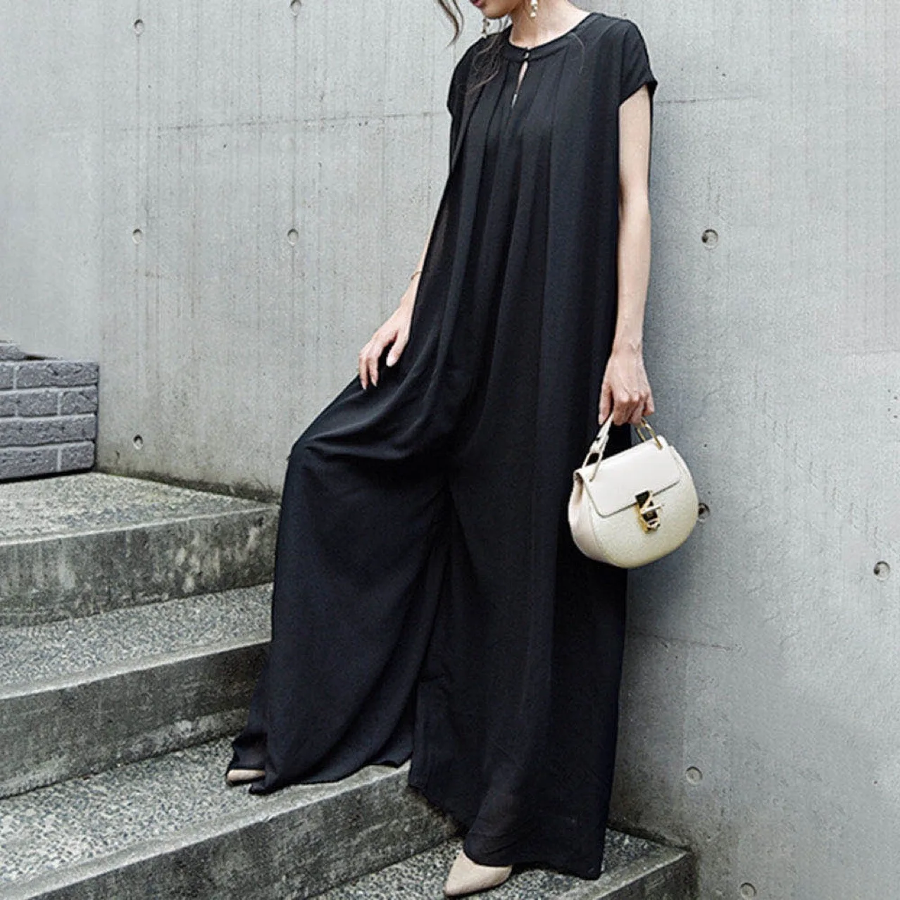 

SuperAen 2021 Summer New Solid Black Long Loose Casual Jumpsuit Women