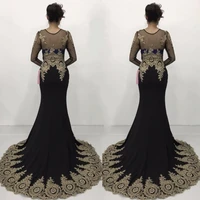 black long sleeve prom dresses gold lace applique mermaid prom gown luxury beading vestidos de gala customer review