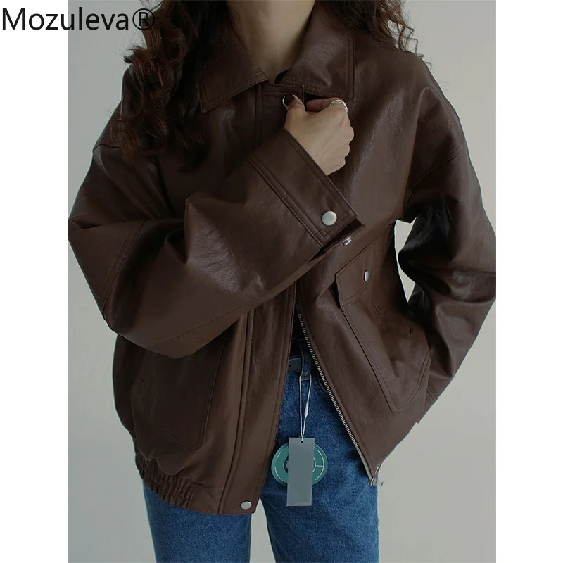 

Mozuleva Autumn Retro Faux Leather Motorcycle Pu Jacket Women V Neck Moto Biker Rivet Zipper Street Overcoat Loose Punk Coat