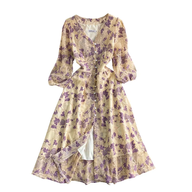 

Aibeautyer New 2021 Spring Autumn Vintage Floral Print Dress A Line V Neck Chiffon Pullover High Waist Women Dresses