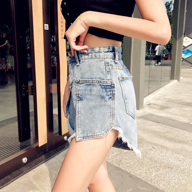 

CBAFU high waist summer denim shorts women packets wide legs tassel short casual streetwear all match runway shorts gray M406