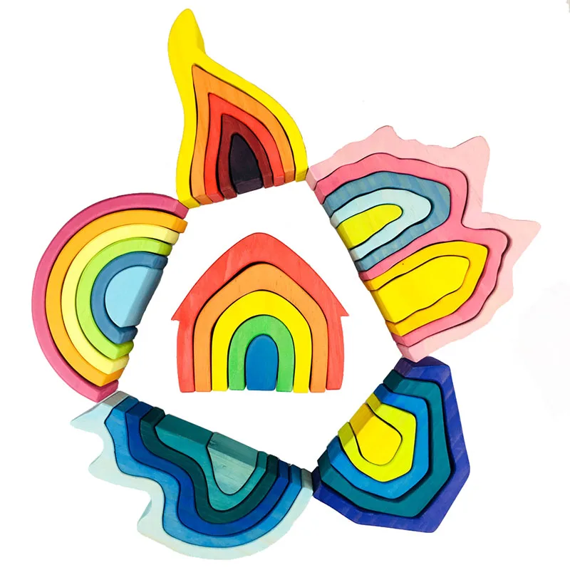 Радужные блоки деревянные игрушки для детей геометрические строительные