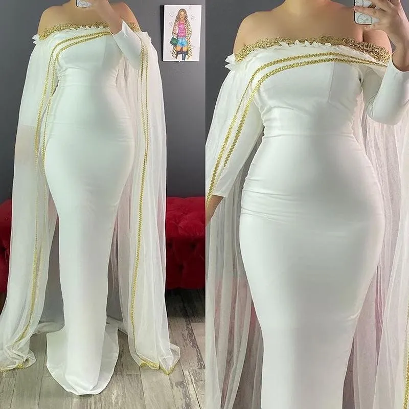 

Boat Neck Simple Evening Dresses Off The Shoulder Full Sleeves Elegant Mermaid Empire Floor-Length White Women Formal Gown G712