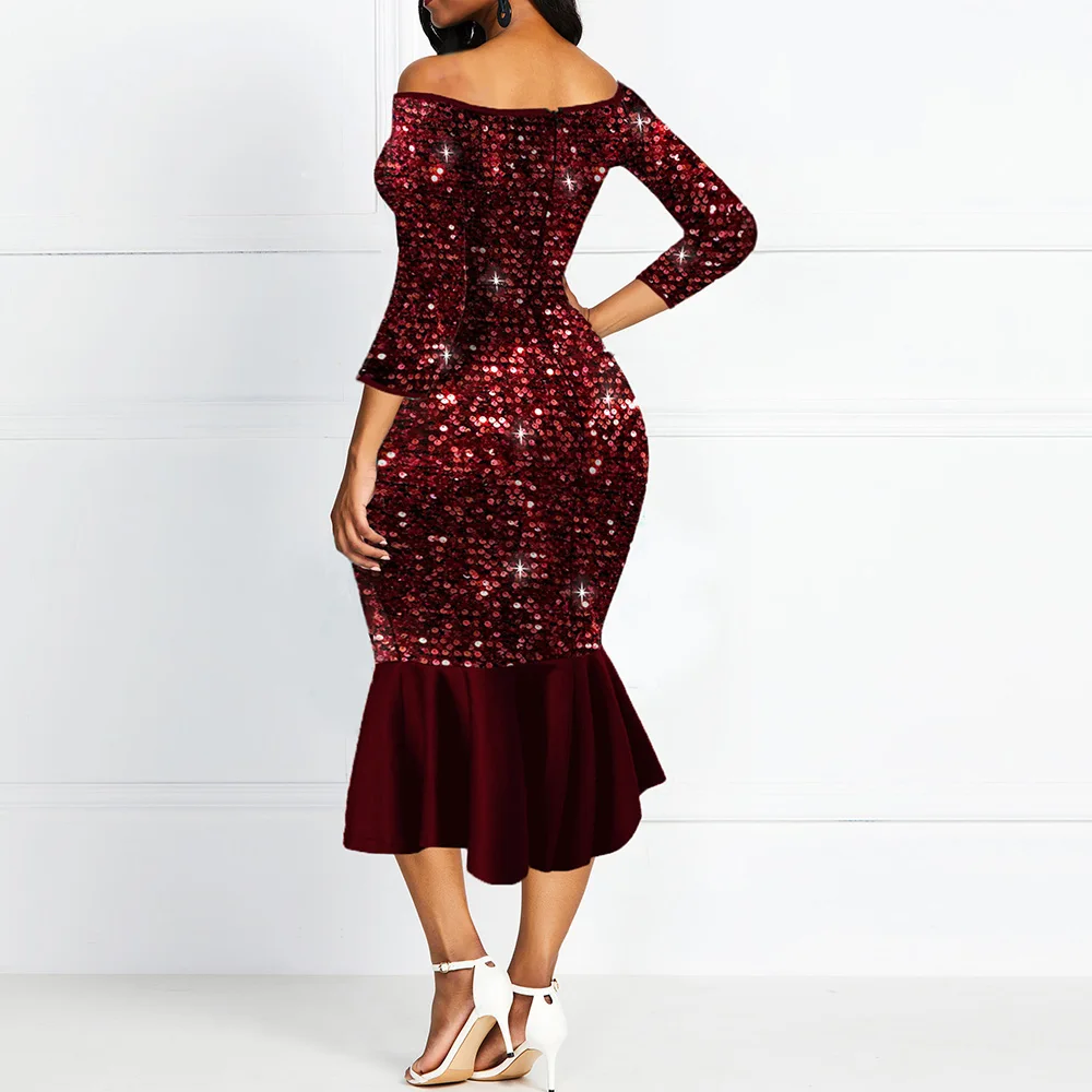 

Elegant Burgundy Cocktail Dress Sequins Off The Shoulder 3/4 Sleeves Tea Length Mermaid Ruffles Party Night Cocktail Dress