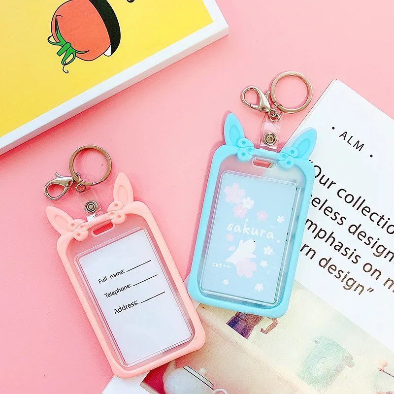 Милая мультяшная кроличья Ушная карточка для связки ключей держатель прозрачная