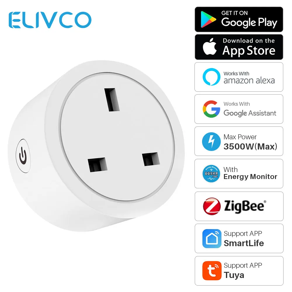 

Zigbee Tuya Smart Plug 16A UK Smart Socket Power Monitor Timing SmartLife APP Voice Control Works With Google Home Alexa
