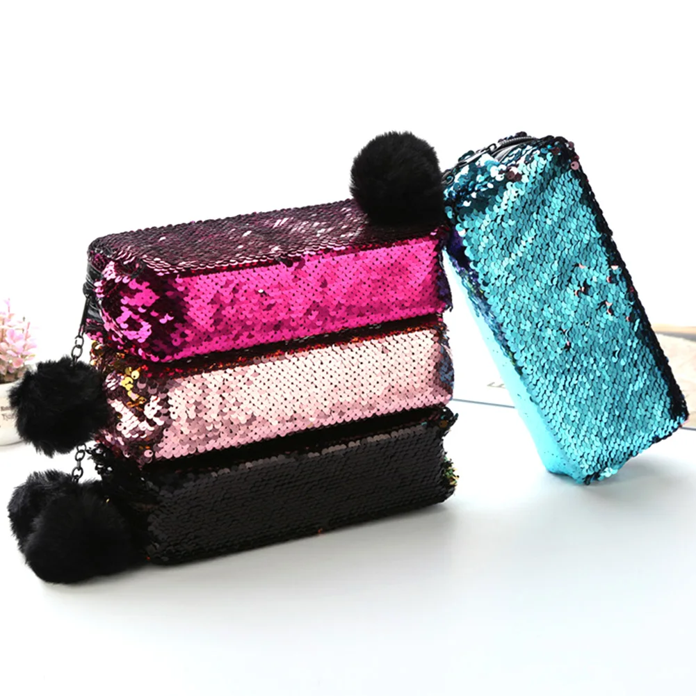 

Makeup Bag Reversible Sequins Girl With Faux Fur Pendant Gift Purse Mermaid Bag Glitter Pencil Bag Hair Ball Sequin Cosmetic Bag