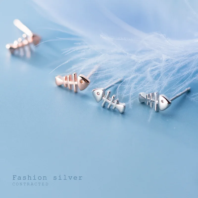 

MloveAcc 925 Sterling Silver Fish Bone Stud Earrings for Women Girls Jewelry Fashion New Style