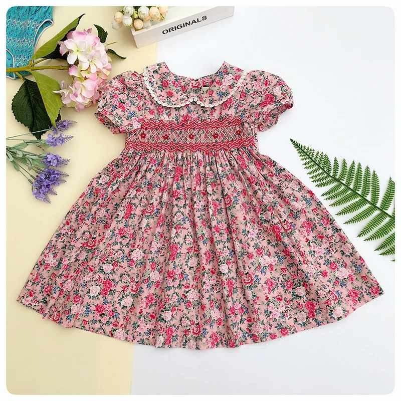 Spring Summer 2020 Kids Girls Smocking Embroidery Dresses Floral Prints Doll Dress For kids Girl Princess Smocked Party | Детская одежда