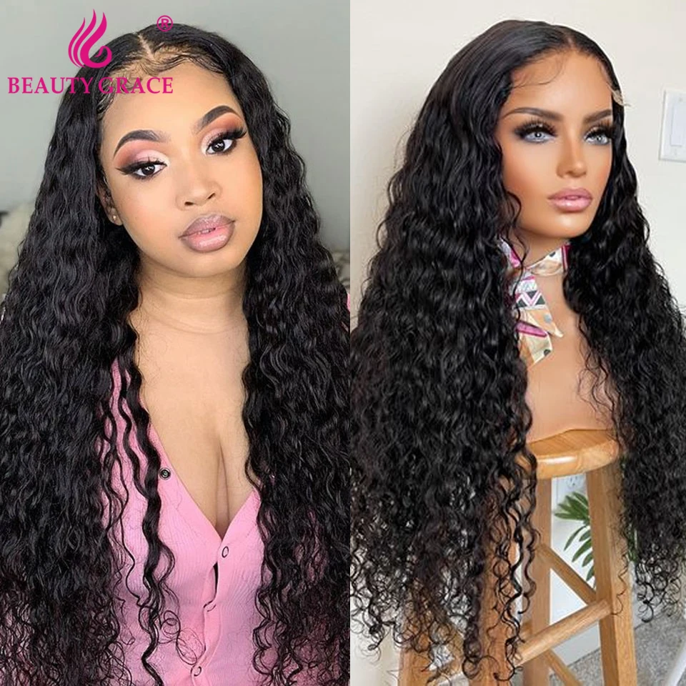 Brazilian 30 Inch Curly Deep Wave Frontal Wig Glueless T Part Brown Lace Front Human Hair Wigs For Women Deep Wave Closure Wig
