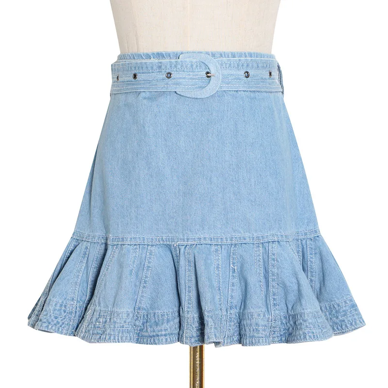 

New fashion retro waist lace slim hem flounces short hip jeans skirt women