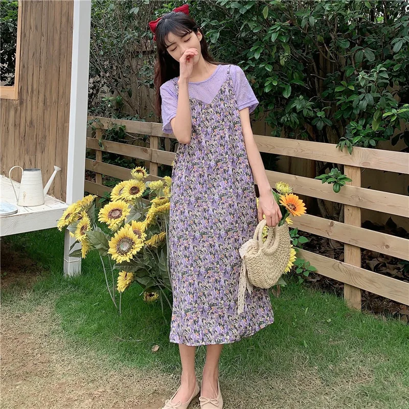 

Sweet Floral Print Dress Women Fashion Sling Dress Summer Casual Mid-Calf Dresses Vestido