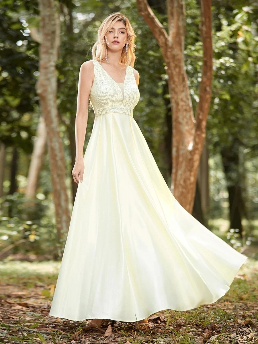 

Sweet Double V Neck A-Line Wholesale Satin Prom Dress with Sequin