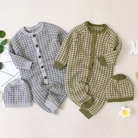 infant baby boys girls grid rompers clothes hat 2pcs children 2020 new baby boy girl kids knitting long sleeve rompers