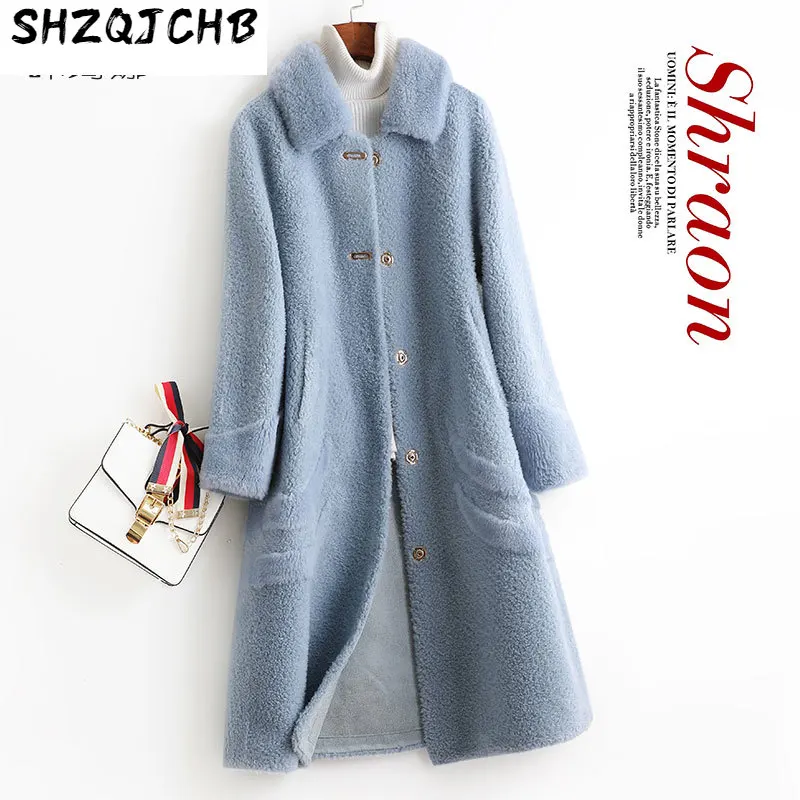 

SHZQ новое шерстяное меховое пальто длинное Композитное меховое цельное пальто с квадратным вырезом для женщин