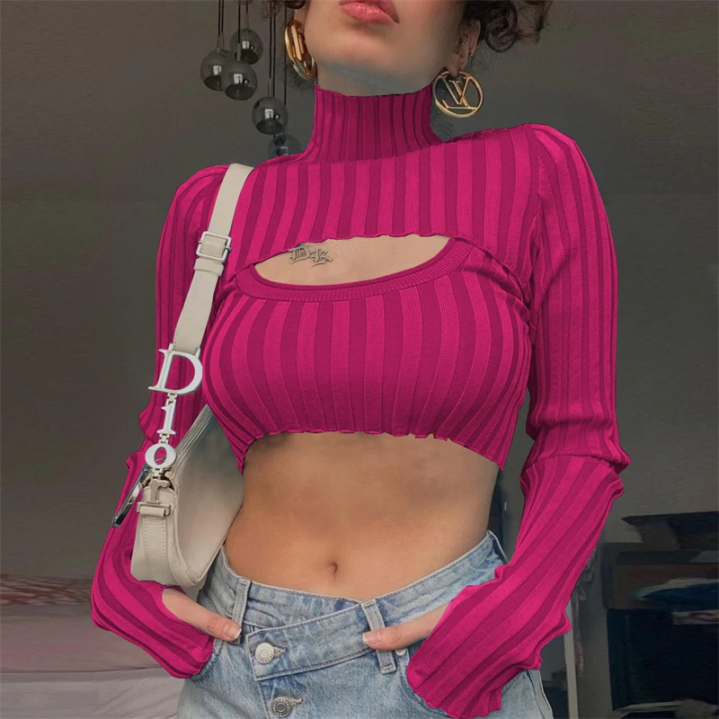 

Forefair 2021 Autumn Ribbed Knitted Turtleneck Long Sleeve Women Sweater Fashion Hollow Out Y2K Casual Skinny Female Tops