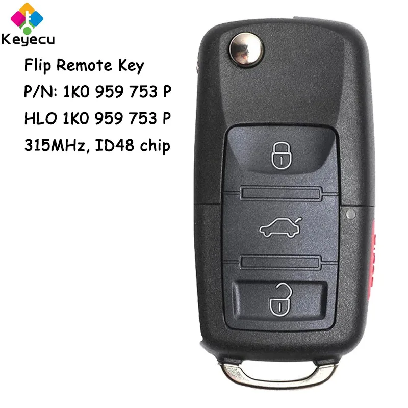 

KEYECU Flip Remote Car Key With 4 Buttons 315MHz ID48 Chip for Volkswagen CC EOS Golf GTI Jetta Passat R32 Rabbit Fob 1K0959753P