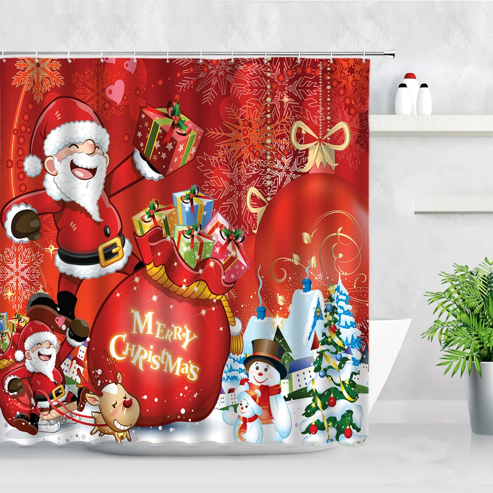 

Red Christmas Shower Curtains Funny Cartoon Santa Claus Snowman Xmas Tree New Year Holiday Decor Hooks Bathroom Bath Curtain Set